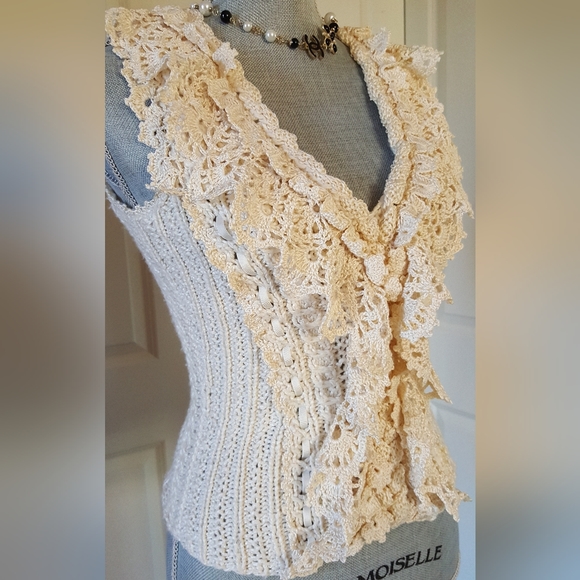 $2,200 OSCAR DE LA RENTA IVORY SILK WOOL EXCL CABLE KNIT RUNWAY BLOUSE M - Picture 4 of 13